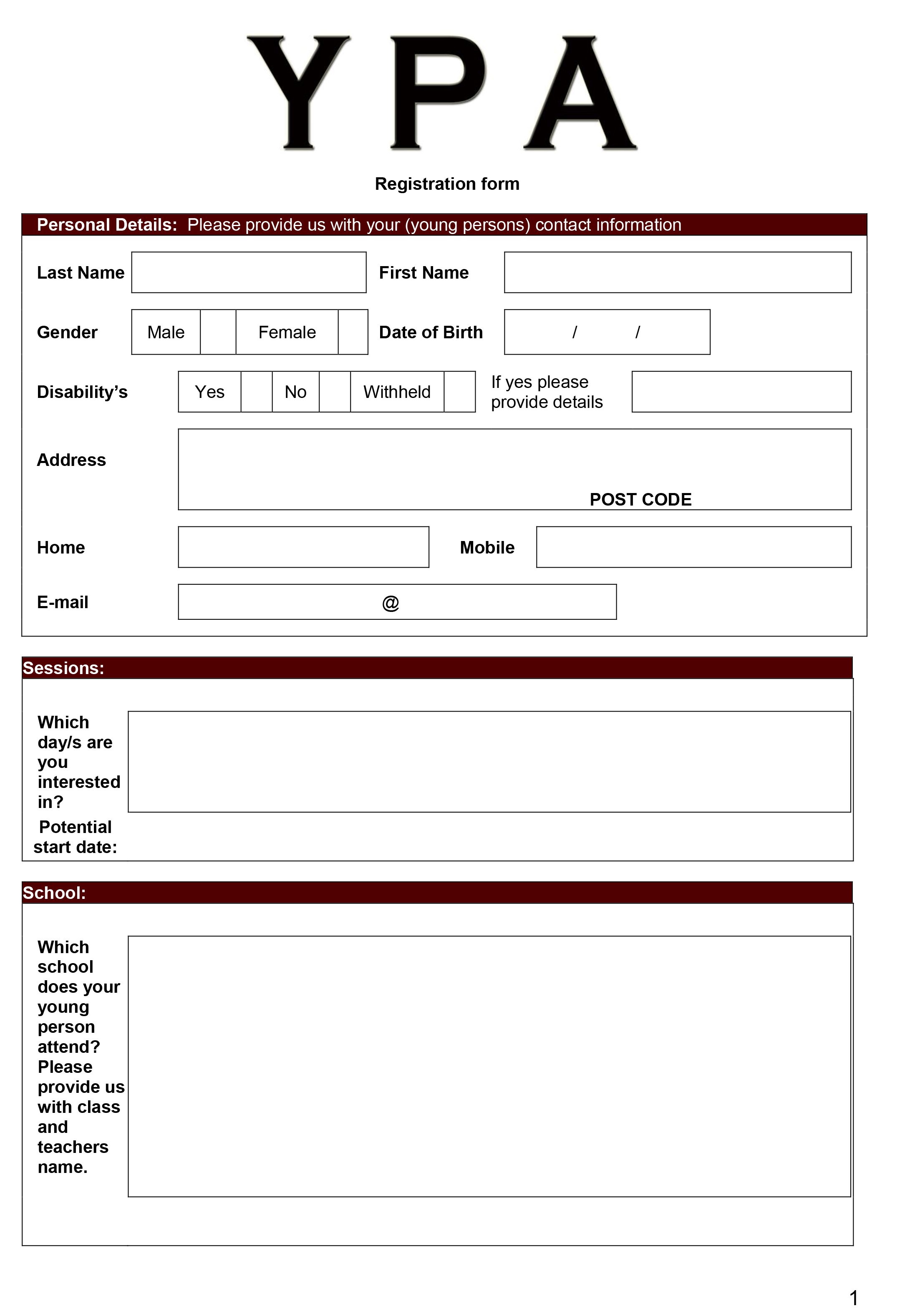 YPA parent application form